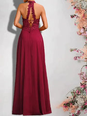 A-Line Bridesmaid Dress High Neck Sleeveless Sexy Floor Length Chiffon / Lace with Sequin / Appliques