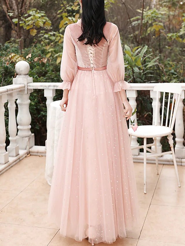 A-Line Bridesmaid Dress Jewel Neck 3/4 Length Sleeve Elegant Floor Length Tulle / Velvet with Bow(s) / Sequin