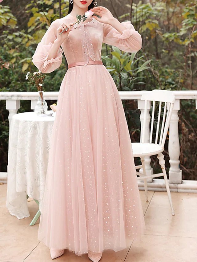 A-Line Bridesmaid Dress Jewel Neck 3/4 Length Sleeve Elegant Floor Length Tulle / Velvet with Bow(s) / Sequin