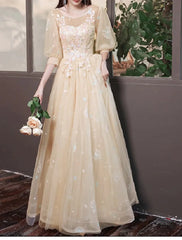 A-Line Bridesmaid Dress Jewel Neck 3/4 Length Sleeve Elegant Floor Length Tulle with Pleats / Appliques