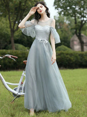 A-Line Bridesmaid Dress Jewel Neck Half Sleeve Elegant Floor Length Tulle with Sash / Ribbon / Appliques