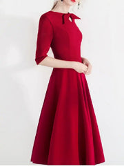 A-Line Bridesmaid Dress Jewel Neck Half Sleeve Elegant Tea Length Satin with Bow(s) / Pleats