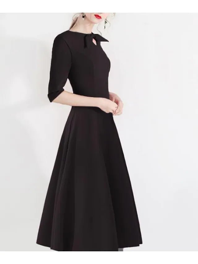 A-Line Bridesmaid Dress Jewel Neck Half Sleeve Elegant Tea Length Satin with Bow(s) / Pleats