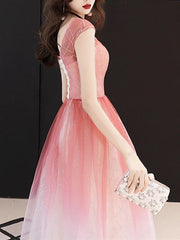 A-Line Bridesmaid Dress Jewel Neck Short Sleeve Color Block Floor Length Tulle with Sequin