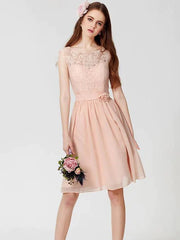 A-Line Bridesmaid Dress Jewel Neck Sleeveless Elegant Above Knee Chiffon / Lace with Pleats