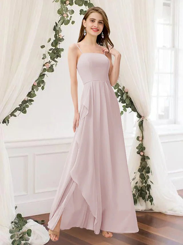 A-Line Bridesmaid Dress Jewel Neck Sleeveless Elegant Floor Length Chiffon with Pleats