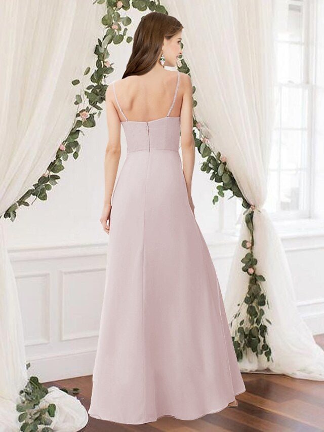 A-Line Bridesmaid Dress Jewel Neck Sleeveless Elegant Floor Length Chiffon with Pleats