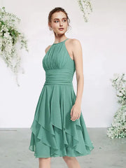 A-Line Bridesmaid Dress Jewel Neck Sleeveless Elegant Short / Mini Chiffon with Pleats / Cascading Ruffles