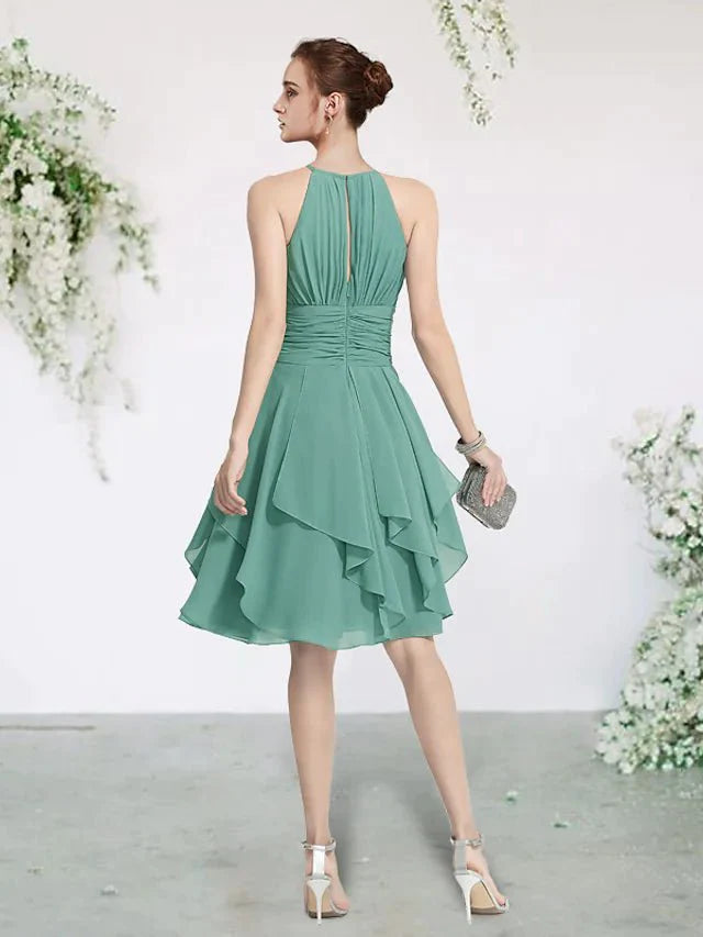 A-Line Bridesmaid Dress Jewel Neck Sleeveless Elegant Short / Mini Chiffon with Pleats / Cascading Ruffles