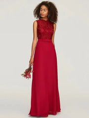 A-Line Bridesmaid Dress Jewel Neck Sleeveless Floor Length Chiffon / Lace with Sash / Ribbon / Bow(s)
