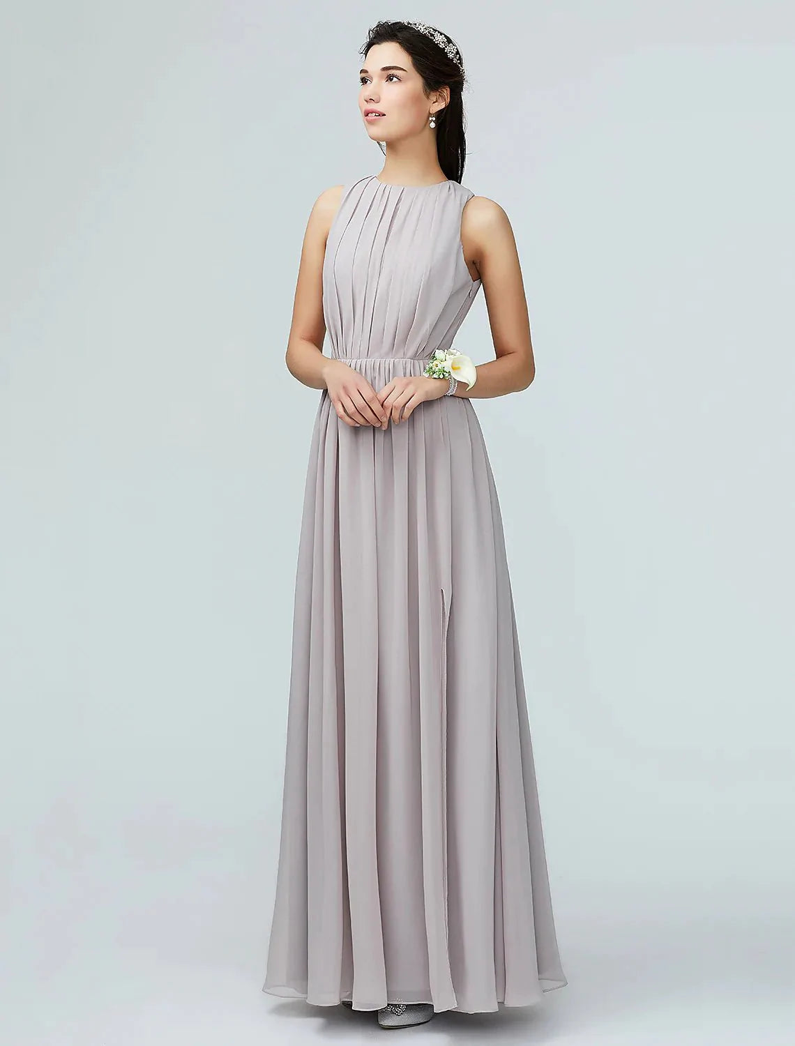 A-Line Bridesmaid Dress Jewel Neck Sleeveless Furcal Floor Length Chiffon with Pleats / Split Front