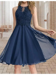 A-Line Bridesmaid Dress Jewel Neck Sleeveless Sexy Short / Mini Chiffon / Lace / Tulle with Pleats / Appliques