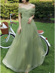 A-Line Bridesmaid Dress Off Shoulder Short Sleeve Elegant Floor Length Tulle with Ruching