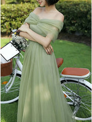 A-Line Bridesmaid Dress Off Shoulder Short Sleeve Elegant Floor Length Tulle with Ruching