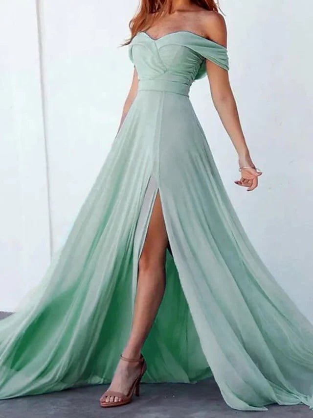 A-Line Bridesmaid Dress Off Shoulder Short Sleeve Elegant Sweep / Brush Train Chiffon with Split Front / Solid Color 2022 #9338731