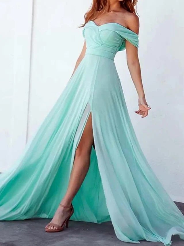 A-Line Bridesmaid Dress Off Shoulder Short Sleeve Elegant Sweep / Brush Train Chiffon with Split Front / Solid Color 2022 #9338731