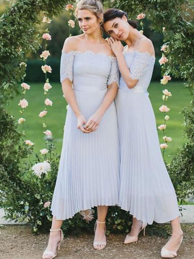 A-Line Bridesmaid Dress Off Shoulder Short Sleeve Elegant Tea Length Chiffon with Lace