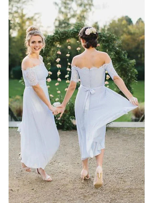 A-Line Bridesmaid Dress Off Shoulder Short Sleeve Elegant Tea Length Chiffon with Lace