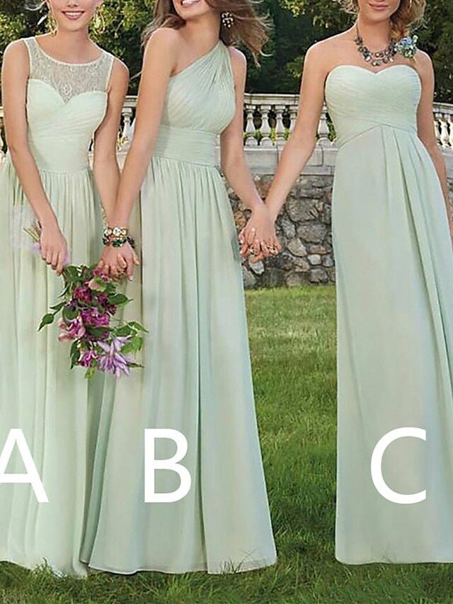 A-Line Bridesmaid Dress One Shoulder / Jewel Neck / Strapless Sleeveless Elegant Floor Length Chiffon with Pleats