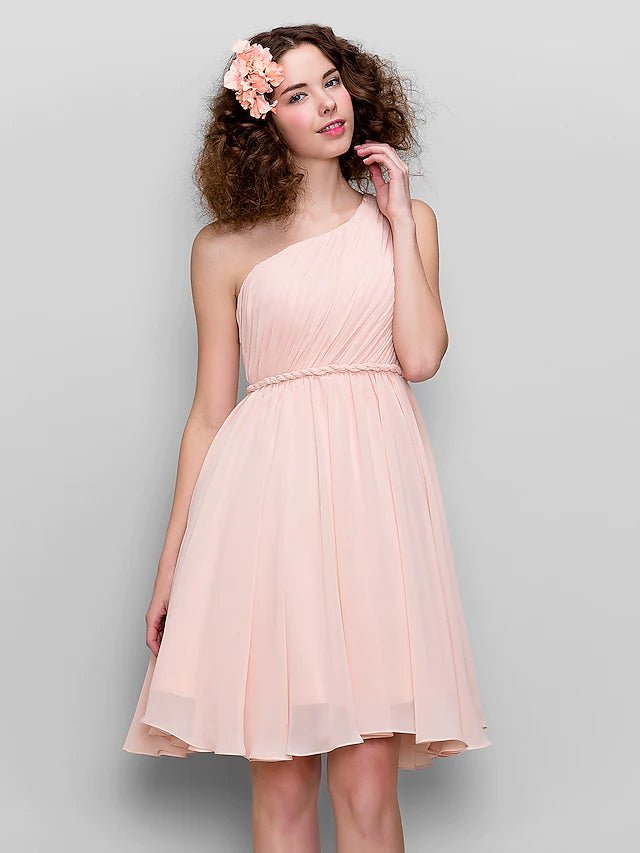 A-Line Bridesmaid Dress One Shoulder Sleeveless All Celebrity Styles Knee Length Chiffon with Side Draping