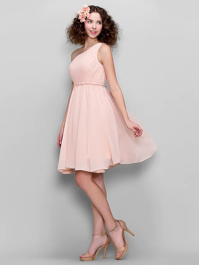 A-Line Bridesmaid Dress One Shoulder Sleeveless All Celebrity Styles Knee Length Chiffon with Side Draping