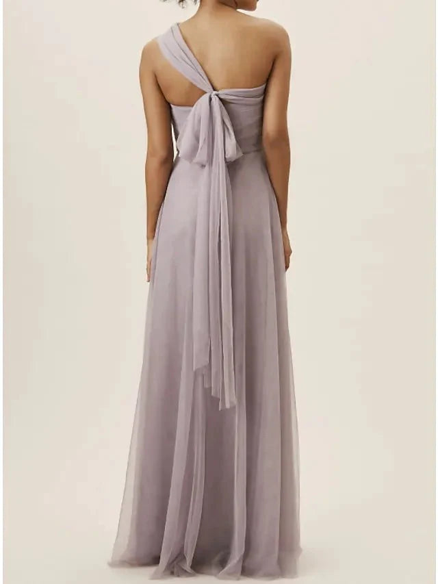 A-Line Bridesmaid Dress One Shoulder Sleeveless Open Back Floor Length Chiffon with Pleats