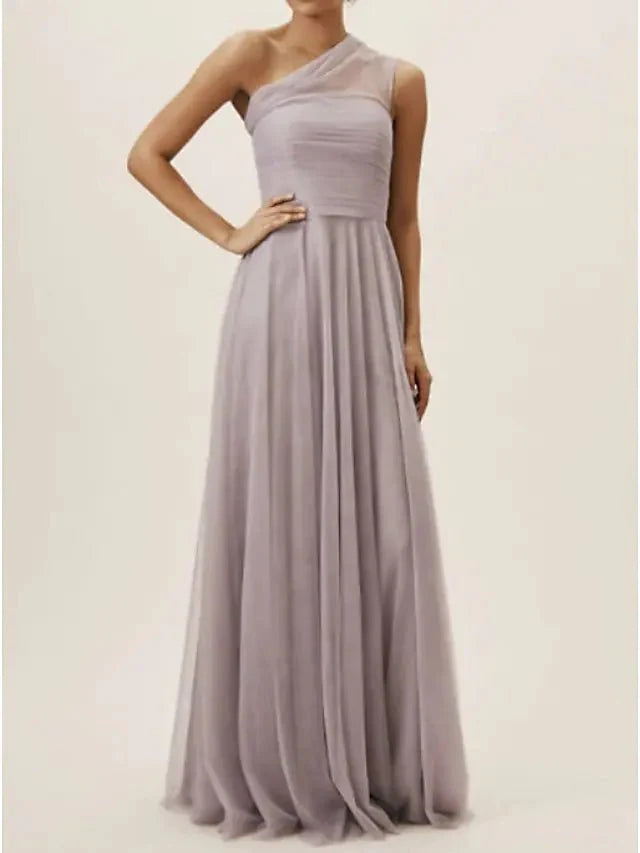 A-Line Bridesmaid Dress One Shoulder Sleeveless Open Back Floor Length Chiffon with Pleats