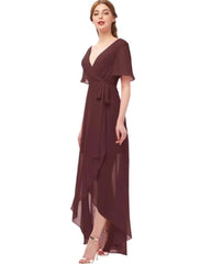 A-Line Bridesmaid Dress Plunging Neck Short Sleeve Elegant Asymmetrical Chiffon with Bow(s) / Ruching