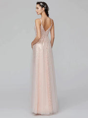 A-Line Bridesmaid Dress Spaghetti Strap Sleeveless Floor Length Tulle / Sequined with Pleats / Sequin
