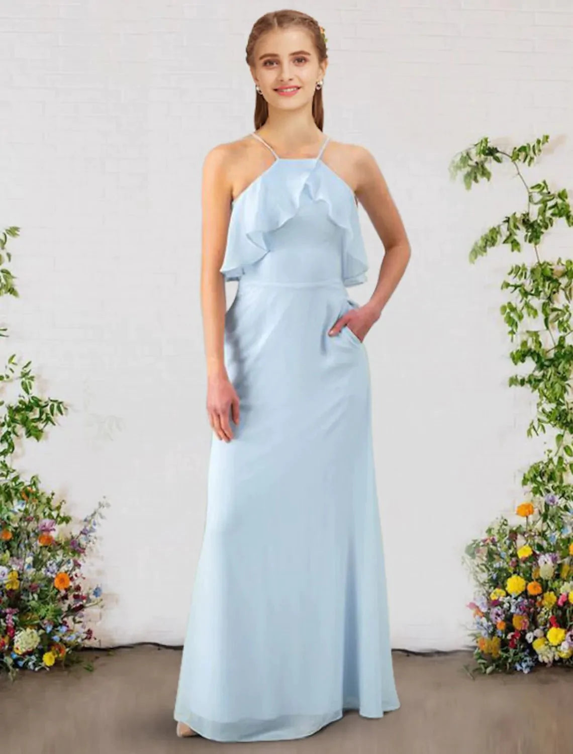 A-Line Bridesmaid Dress Spaghetti Strap Sleeveless Sexy Floor Length Chiffon with Ruffles