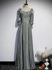 A-Line Bridesmaid Dress Square Neck Half Sleeve Elegant Floor Length Satin with Bow(s) / Beading