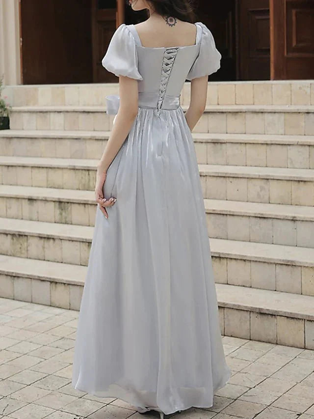 A-Line Bridesmaid Dress Square Neck Short Sleeve Elegant Ankle Length Organza with Bow(s)