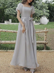 A-Line Bridesmaid Dress Square Neck Short Sleeve Elegant Ankle Length Organza with Bow(s)