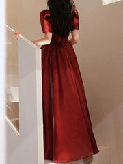 A-Line Bridesmaid Dress Square Neck Short Sleeve Elegant Floor Length Satin with Pleats