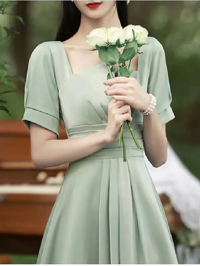 A-Line Bridesmaid Dress Square Neck Short Sleeve Elegant Tea Length Satin with Ruching / Solid Color