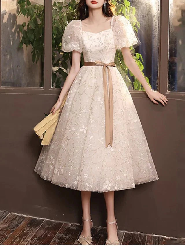 A-Line Bridesmaid Dress Square Neck Short Sleeve Elegant Tea Length Tulle with Bow(s) / Pleats