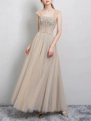 A-Line Bridesmaid Dress Square Neck Sleeveless Elegant Floor Length Tulle with Beading