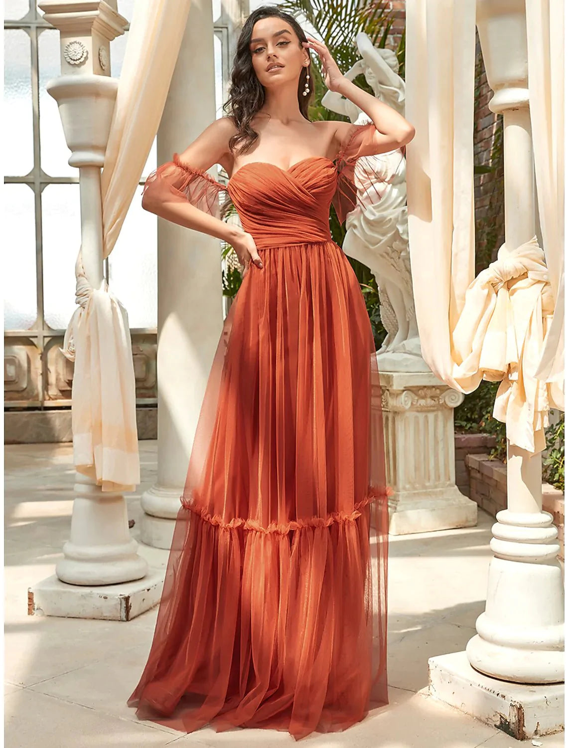 A-Line Bridesmaid Dress Strapless Short Sleeve Elegant Floor Length Tulle with Ruffles
