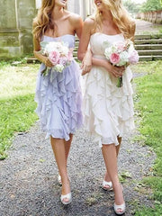 A-Line Bridesmaid Dress Strapless Sleeveless Vintage Knee Length Chiffon with Cascading Ruffles / Solid Color