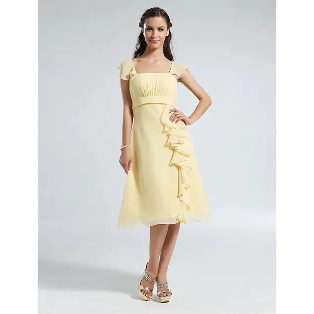 A-Line Bridesmaid Dress Straps Short Sleeve Elegant Knee Length Chiffon with Ruffles / Draping
