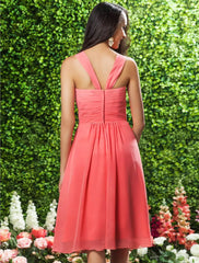 A-Line Bridesmaid Dress Straps Sleeveless Floral Knee Length Chiffon with Ruched / Ruffles / Side Draping