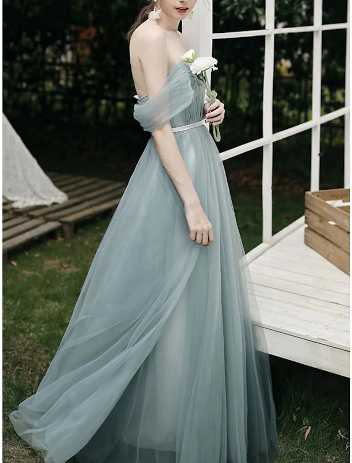 A-Line Bridesmaid Dress Sweetheart Neckline / Off Shoulder Short Sleeve Elegant Floor Length Tulle with Pleats