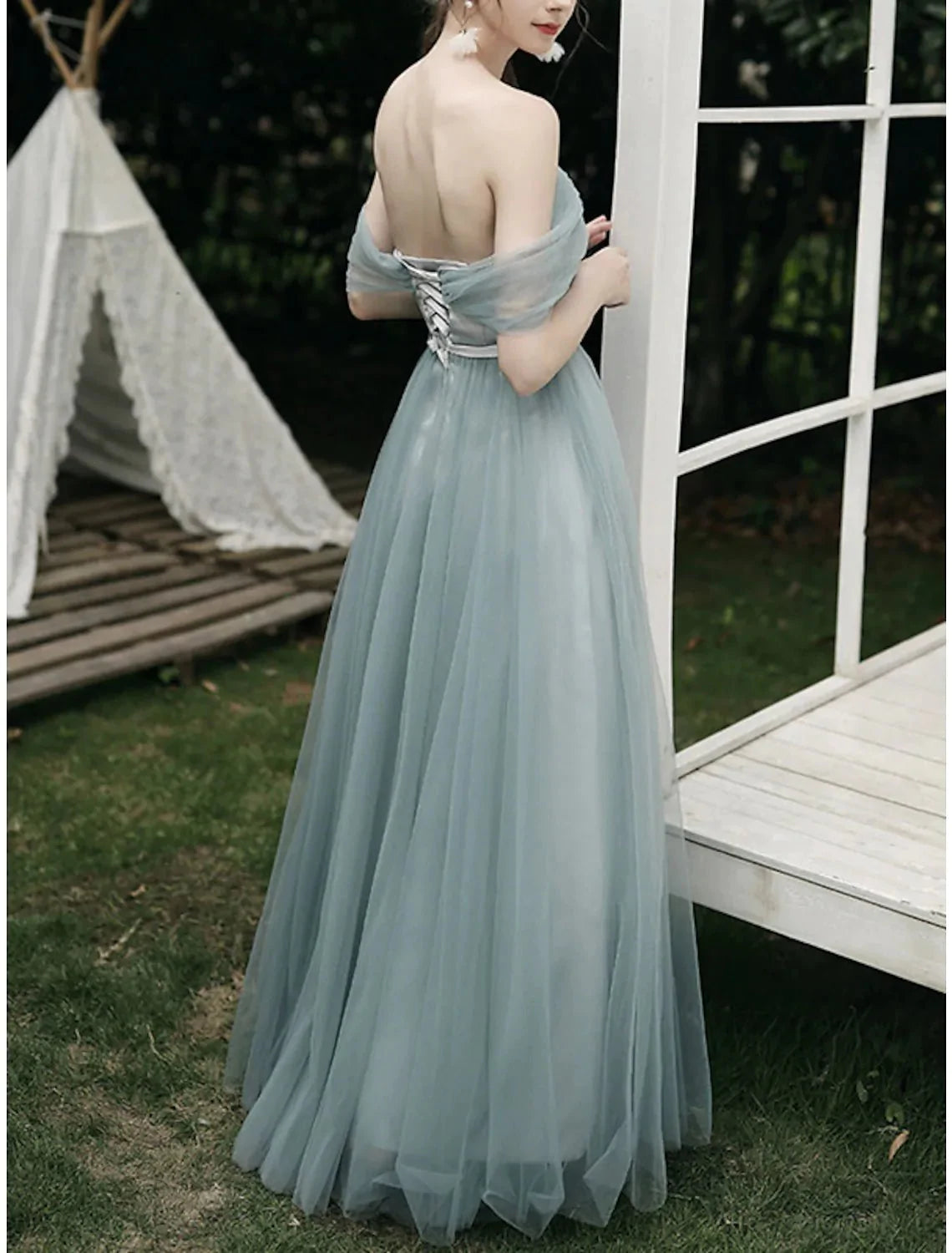 A-Line Bridesmaid Dress Sweetheart Neckline / Off Shoulder Short Sleeve Elegant Floor Length Tulle with Pleats