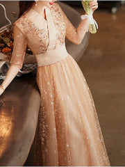 A-Line Bridesmaid Dress V Neck Half Sleeve Elegant Floor Length Tulle / Sequined with Pleats / Sequin