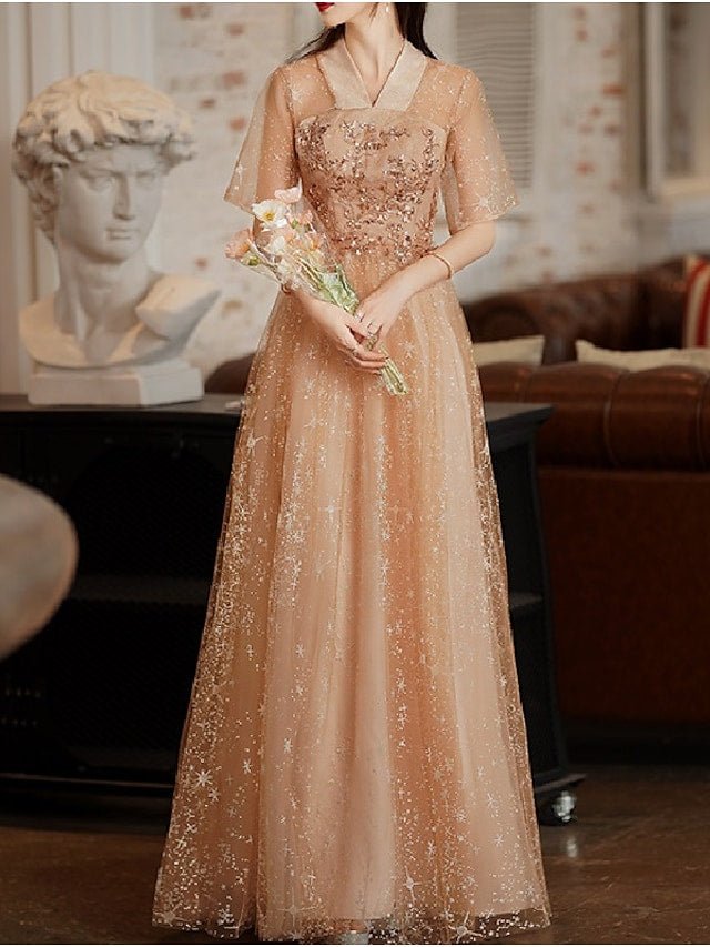 A-Line Bridesmaid Dress V Neck Half Sleeve Elegant Floor Length Tulle / Sequined with Pleats / Sequin