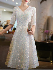 A-Line Bridesmaid Dress V Neck Half Sleeve Elegant Knee Length Sequined with Pleats / Sequin