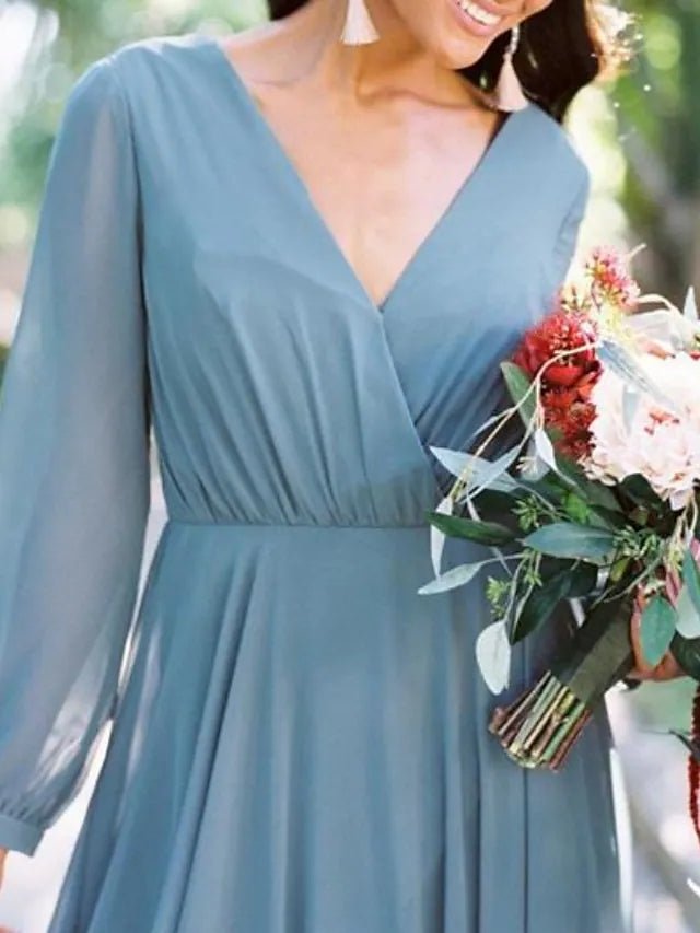 A-Line Bridesmaid Dress V Neck Long Sleeve Beautiful Back Floor Length Chiffon with Pleats / Solid Color