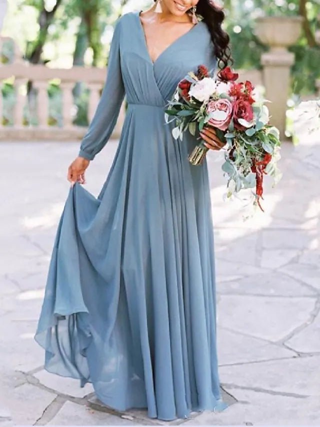 A-Line Bridesmaid Dress V Neck Long Sleeve Beautiful Back Floor Length Chiffon with Pleats / Solid Color