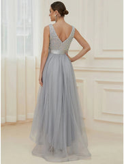 A-Line Bridesmaid Dress V Neck Sleeveless Elegant Asymmetrical Sequined with Sequin / Tier