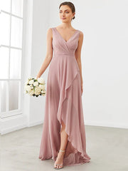 A-Line Bridesmaid Dress V Neck Sleeveless Elegant Floor Length Chiffon with Pleats / Ruffles / Tier